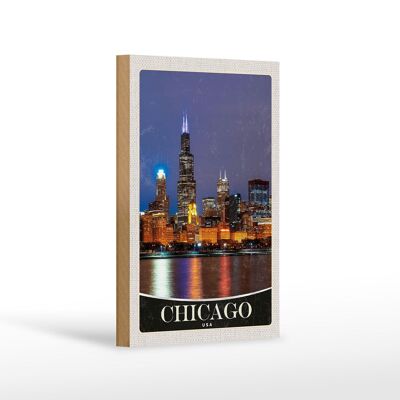 Holzschild Reise 12x18 cm Chicago USA Amerika Abend am Meer
