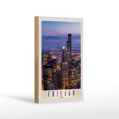Cartello da viaggio in legno 12x18 cm Chicago America USA sera grattacielo