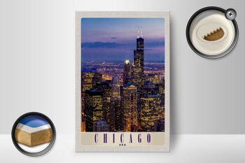 Panneau en bois voyage 12x18 cm Chicago Amérique USA gratte-ciel soirée 2