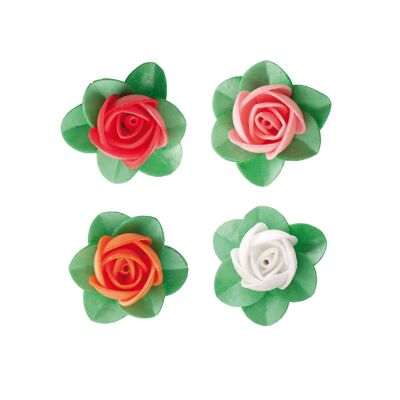 EDIBLE WAFER FLOWERS WITH LEAF Ø 4CM 4 COLORS