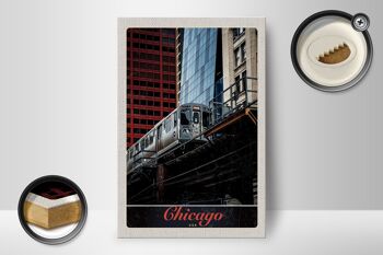 Panneau en bois voyage 12x18 cm Chicago USA Amérique train gratte-ciel 2