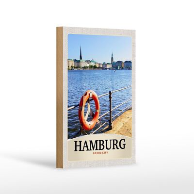 Cartel de madera viaje 12x18 cm Puerto de Hamburgo Alemania ciudad fluvial