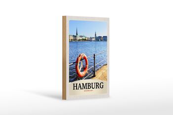Panneau en bois voyage 12x18 cm port de Hambourg Allemagne ville fluviale 1