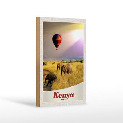 Cartel de madera viaje 12x18 cm Kenia África elefantes globo aerostático