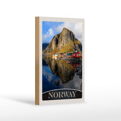 Panneau en bois voyage 12x18 cm Norvège Europe Lac Maisons Bateaux Voyage