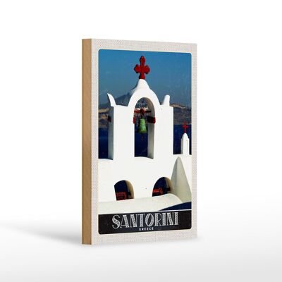 Cartel de madera de viaje 12x18 cm Iglesia de la cruz del mar de la isla de Santorini