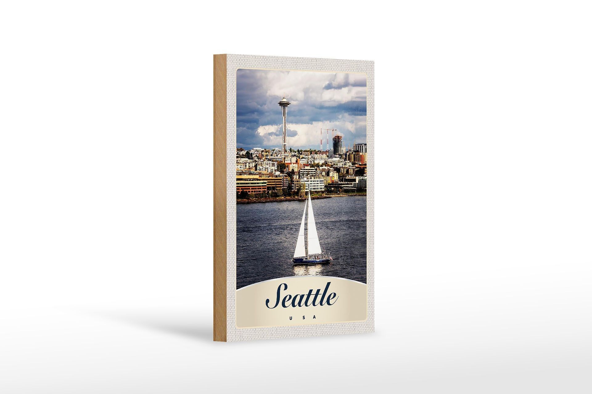 Cartello in legno da viaggio 12x18 cm Seattle USA barca nave città mare