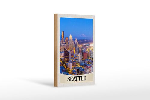 Holzschild Reise 12x18 cm Seattle USA Amerika Stadt Abend Urlaub