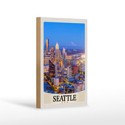 Holzschild Reise 12x18 cm Seattle USA Amerika Stadt Abend Urlaub