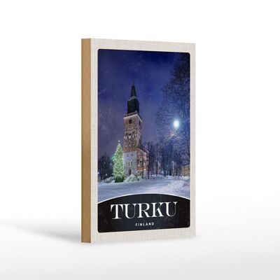 Cartel de madera viaje 12x18 cm Turku Finlandia Iglesia Nieve Invierno