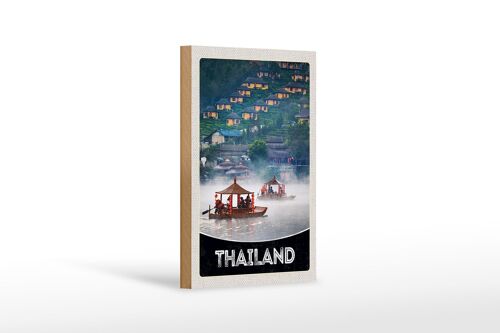 Holzschild Reise 12x18 cm Thailand Asien Fluss Natur Häuser Boot