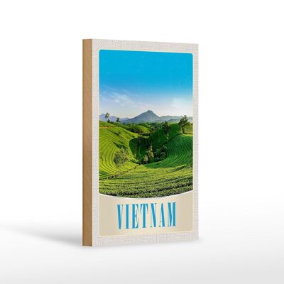 Panneau en bois voyage 12x18 cm Vietnam nature prairie agriculture arbres