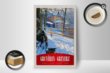 Panneau en bois voyage 12x18 cm Gruyères Gruyères Suisse vacances à la neige 2