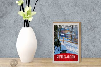 Panneau en bois voyage 12x18 cm Gruyères Gruyères Suisse vacances à la neige 3