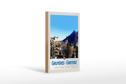 Holzschild Reise 12x18 cm Gruyeres Greyerz Schweiz Winterzeit