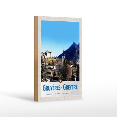 Holzschild Reise 12x18 cm Gruyeres Greyerz Schweiz Winterzeit