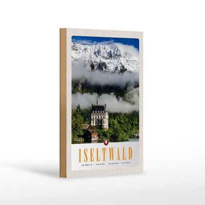 Cartello in legno da viaggio 12x18 cm Castello della foresta di neve delle montagne Iseltwald