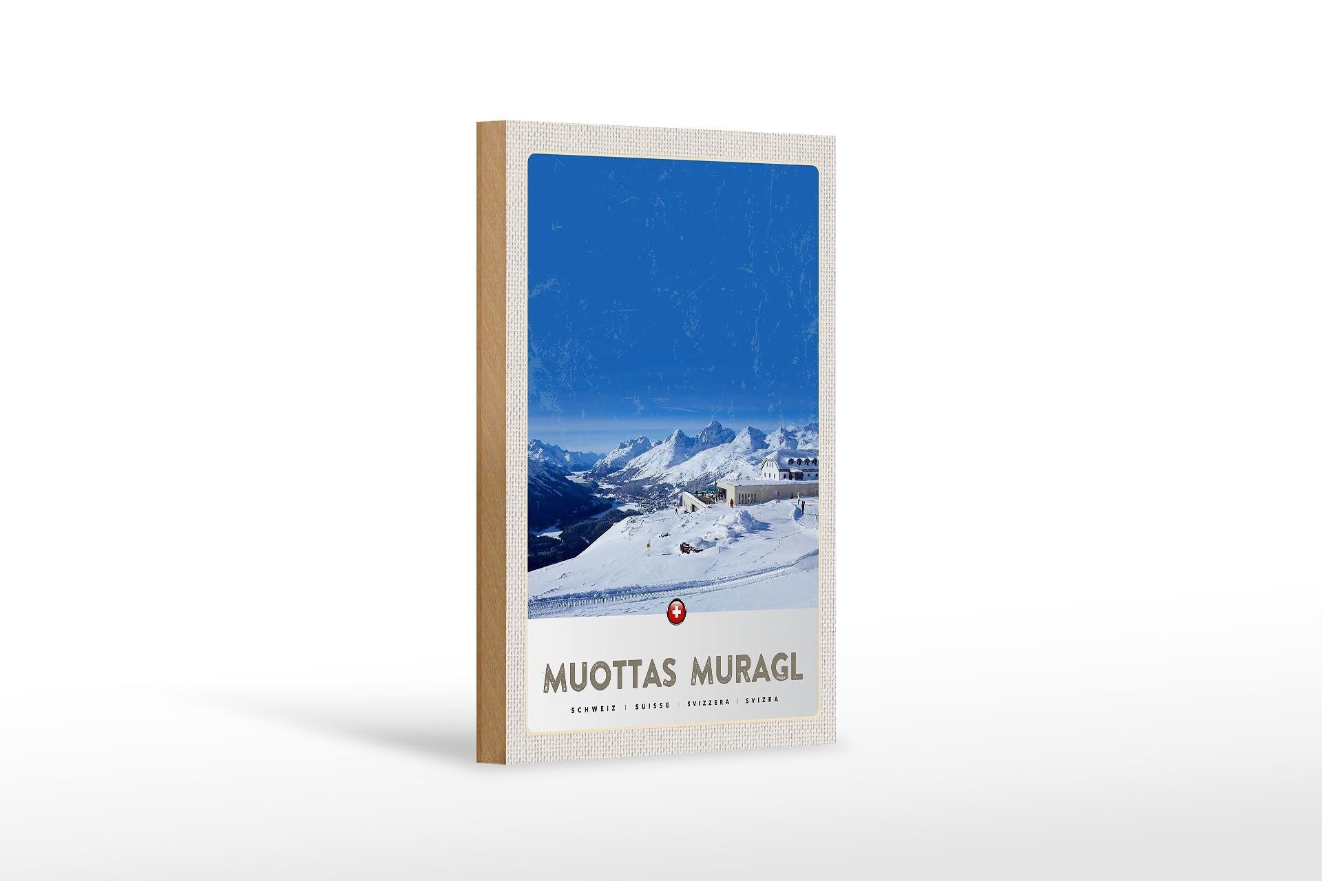 Cartello da viaggio in legno 12x18 cm Muottas Murgal Svizzera Montagne Neve