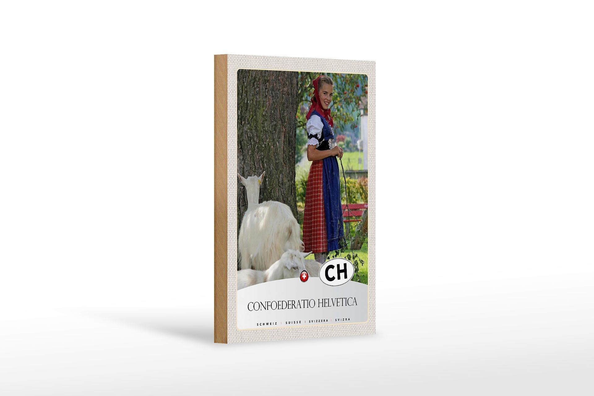 Panneau en bois voyage 12x18 cm Confoederatio Helvetica Mouton Femme