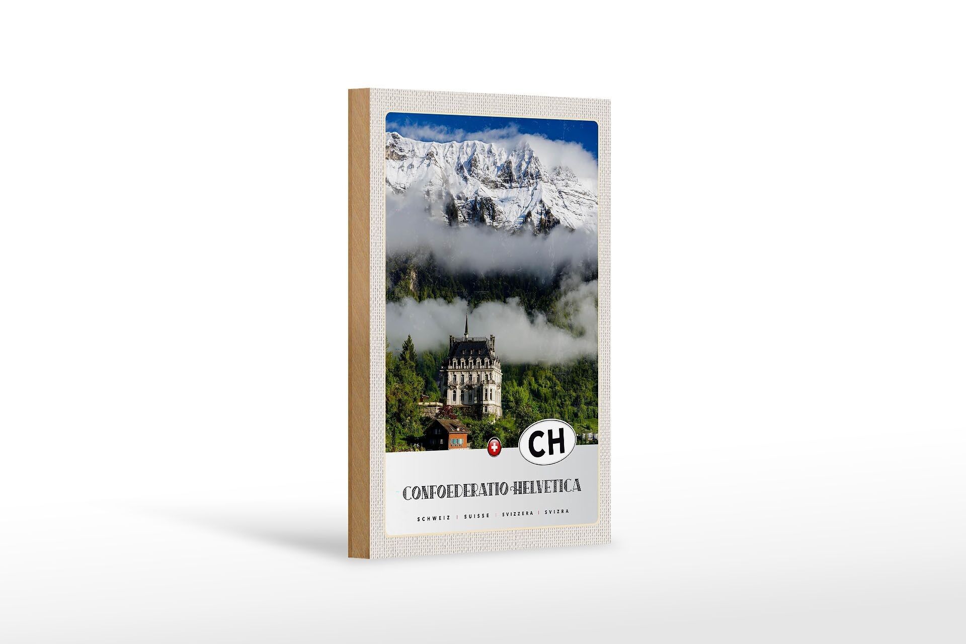Panneau en bois voyage 12x18 cm Confoederatio Helvetica Château Nature