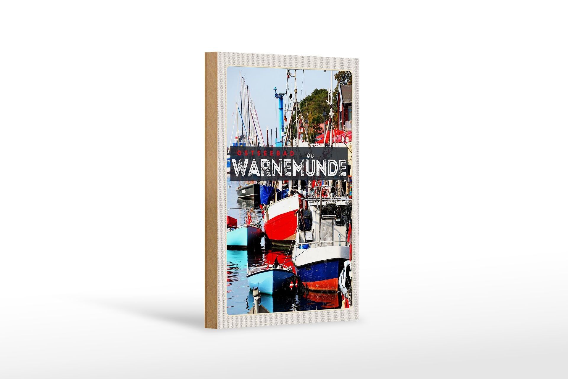 Holzschild Reise 12x18 cm Warnemünde Ostseebad Schiffe Boot Meer