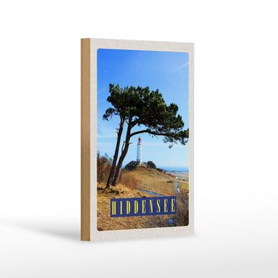 Cartel de madera de viaje 12x18 cm Hiddensee faro árbol prado de pasto