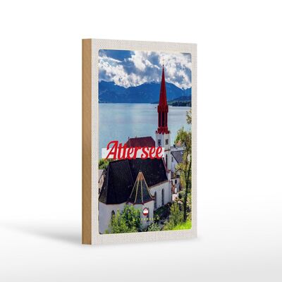 Cartel de madera de viaje 12x18 cm Attersee Austria iglesia montañas lago