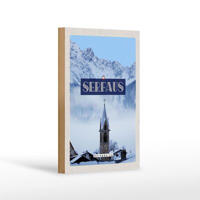 Cartel de madera viaje 12x18 cm Serfaus montañas nevadas iglesia invierno