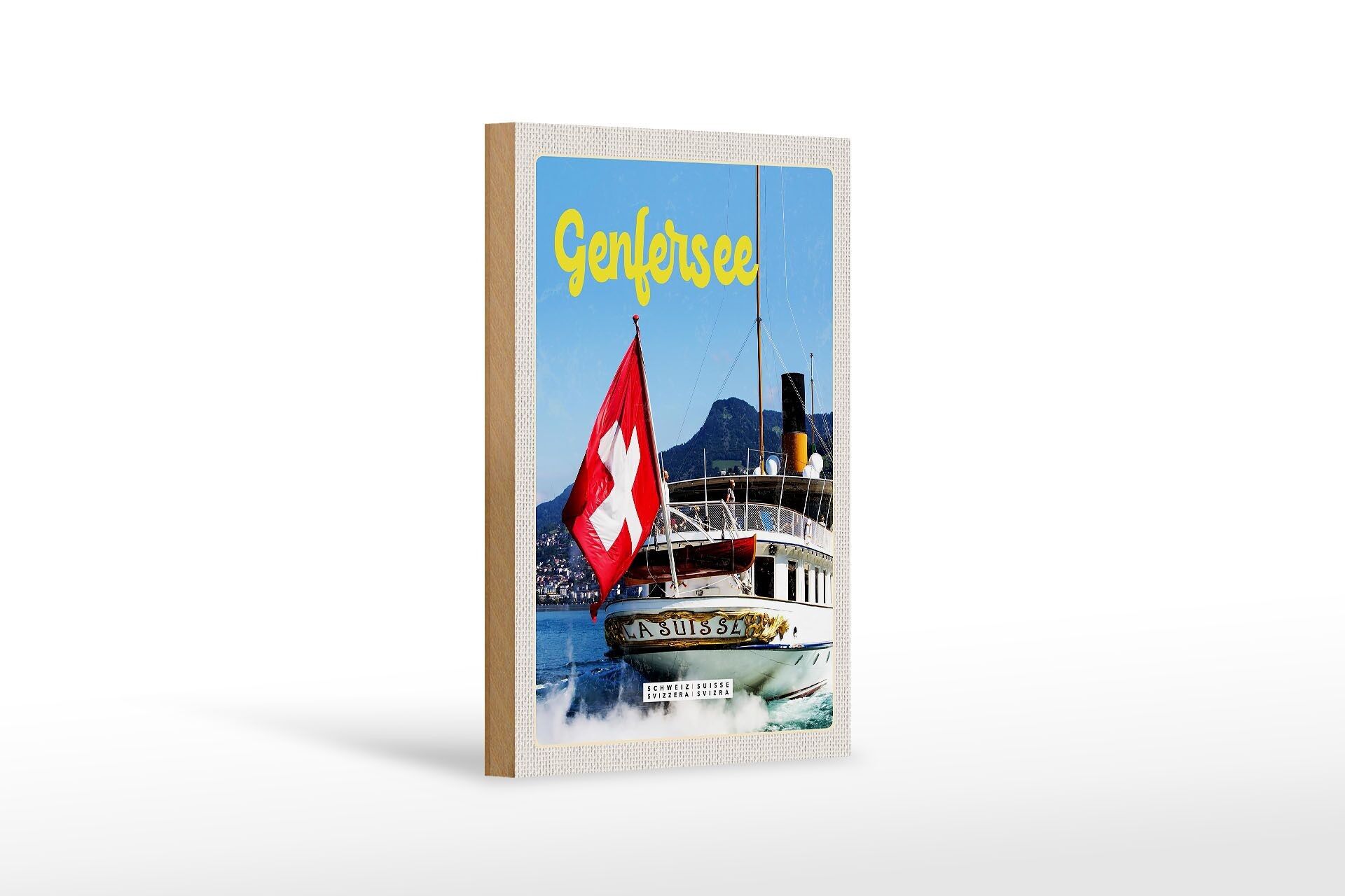 Cartel de madera viaje 12x18 cm Lago Lemán Suiza Paseo en barco Lasuisse