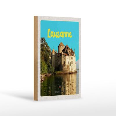 Cartel de madera viaje 12x18 cm Castillo de Lausana Lago Suiza destino de viaje