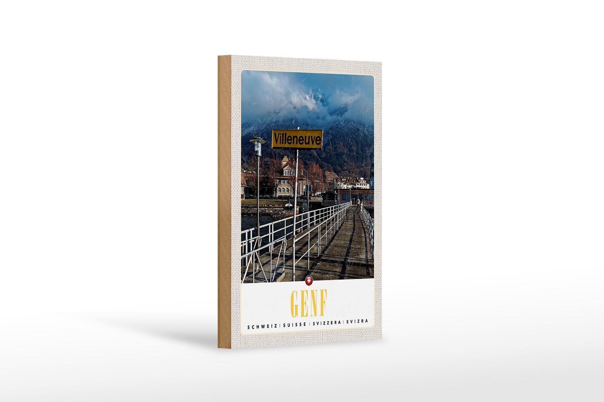Cartello da viaggio in legno 12x18 cm Villeneuve-Ginevra Svizzera decorazione escursionistica