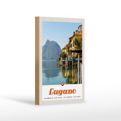 Cartel de madera viaje 12x18 cm Lugano Suiza vista al lago de la montaña