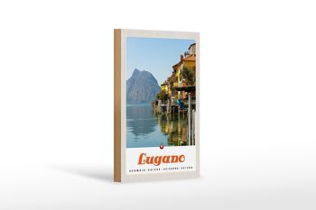 Panneau en bois voyage 12x18 cm Lugano Suisse vue lac montagne 1