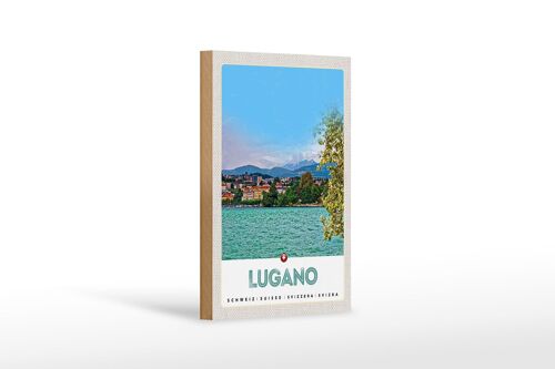 Holzschild Reise 12x18 cm Lugano Schweiz See Ausblick auf Stadt