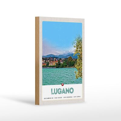 Cartel de madera viaje 12x18 cm Lugano Suiza vista al lago de la ciudad
