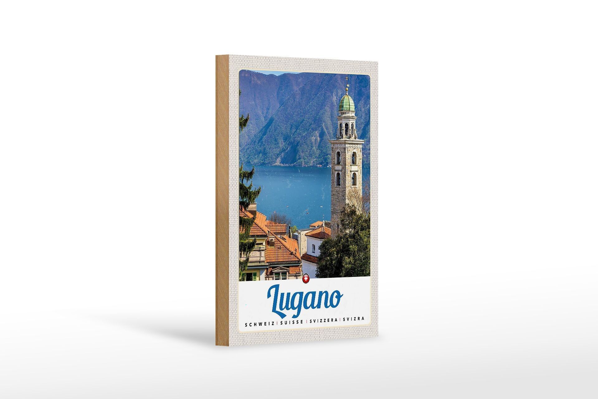 Cartello da viaggio in legno 12x18 cm Lugano Svizzera Lago Chiesa Montagne