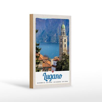 Cartello da viaggio in legno 12x18 cm Lugano Svizzera Lago Chiesa Montagne