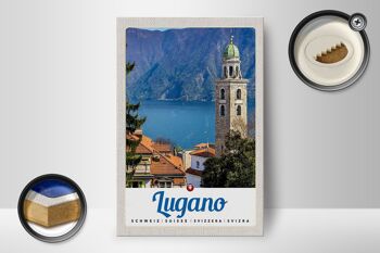 Panneau en bois voyage 12x18 cm Lugano Suisse Lac Église Montagnes 2