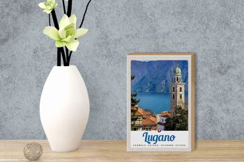 Panneau en bois voyage 12x18 cm Lugano Suisse Lac Église Montagnes 3