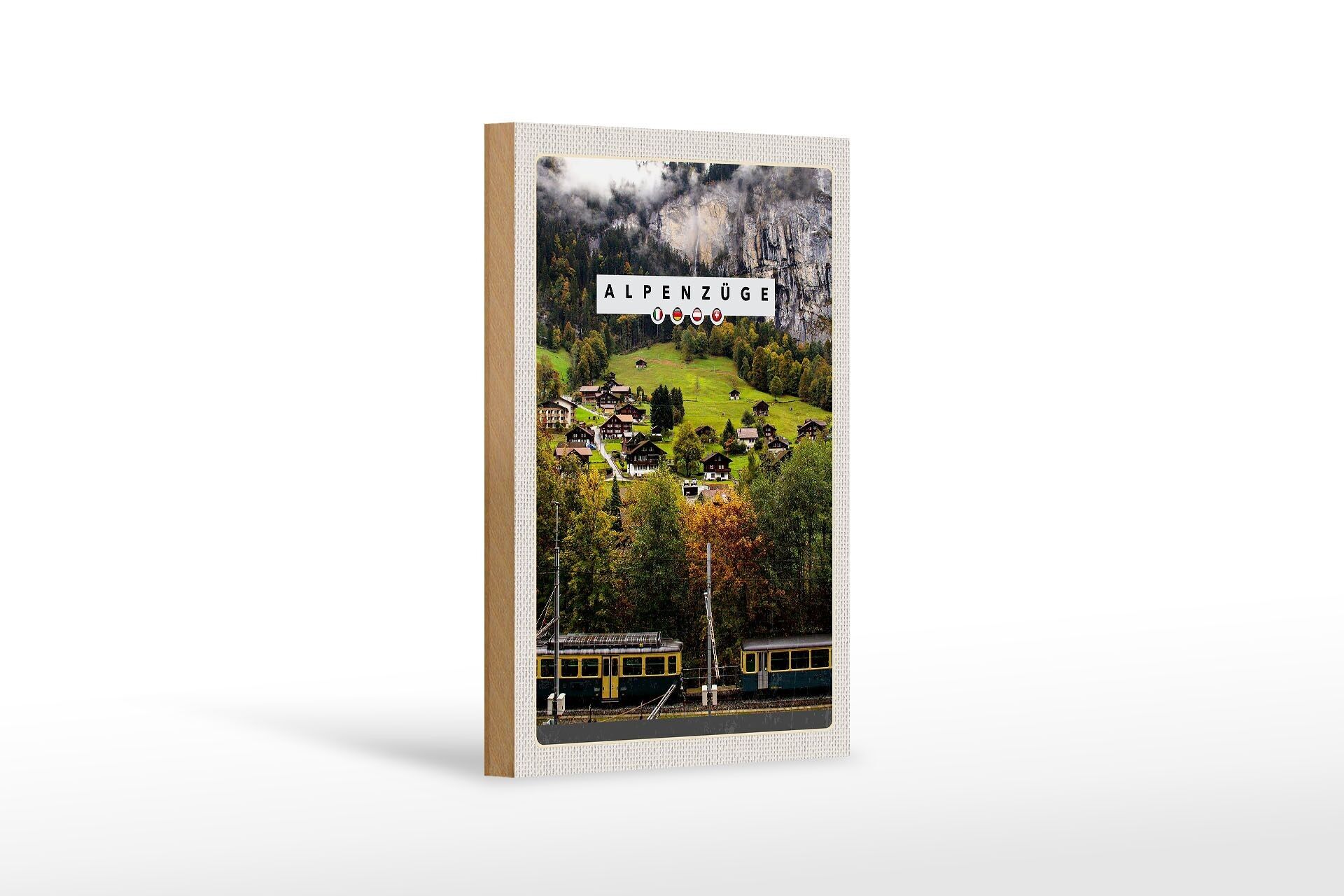 Wooden sign travel 12x18 cm Alpine trains Switzerland railway valley houses