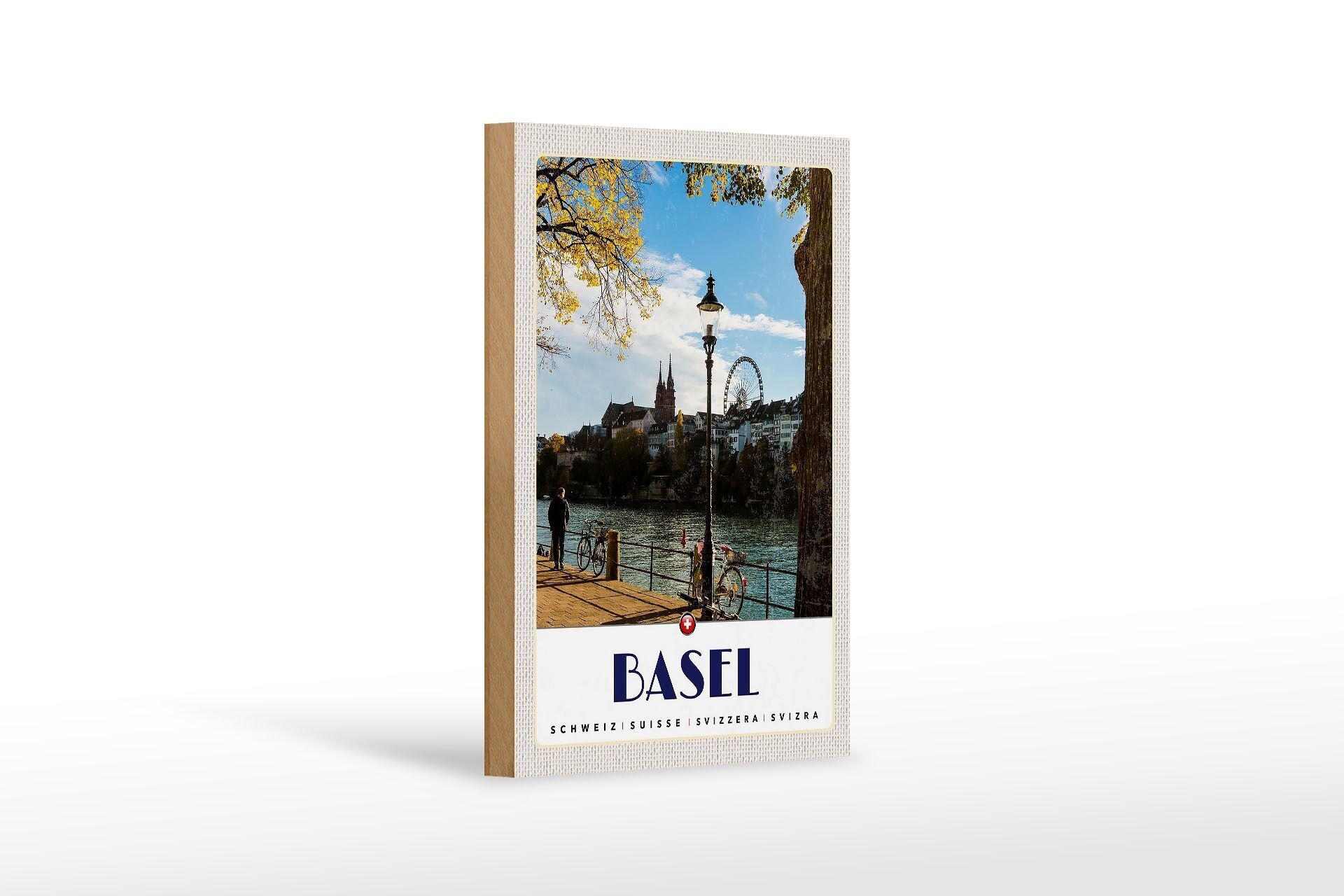 Cartello in legno da viaggio 12x18 cm Basilea Svizzera fiume Ruota panoramica natura