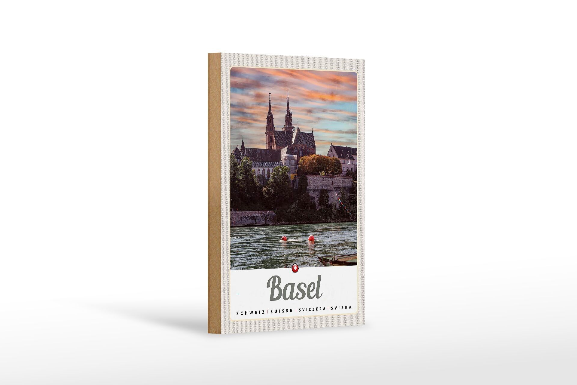 Cartello in legno da viaggio 12x18 cm Basilea Svizzera fiume natura architettura