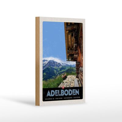Holzschild Reise 12x18 cm Adelboden Schweiz Holzhütte mit Aussicht