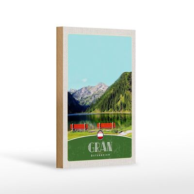 Cartel de madera viaje 12x18 cm Grän Austria banco rojo bosques naturaleza