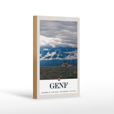 Cartello in legno da viaggio 12x18 cm Ginevra Svizzera navi montagne cielo