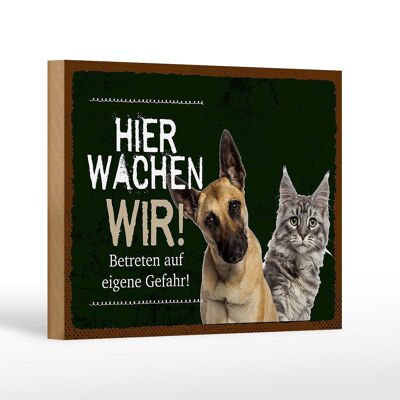 Holzschild Spruch 18x12 cm Hund Katze hier wachen wir Dekoration