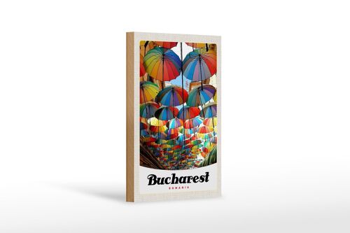 Holzschild Reise 12x18 cm Bukarest Rumänien Regenschirm bunt
