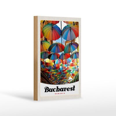 Cartel de madera de viaje 12x18 cm Bucarest Rumania paraguas colorido