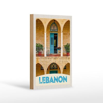Holzschild Reise 12x18 cm Libanon Gebäude blaue Tür Urlaub