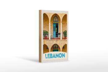 Panneau en bois voyage 12x18 cm Liban bâtiment porte bleue vacances 1